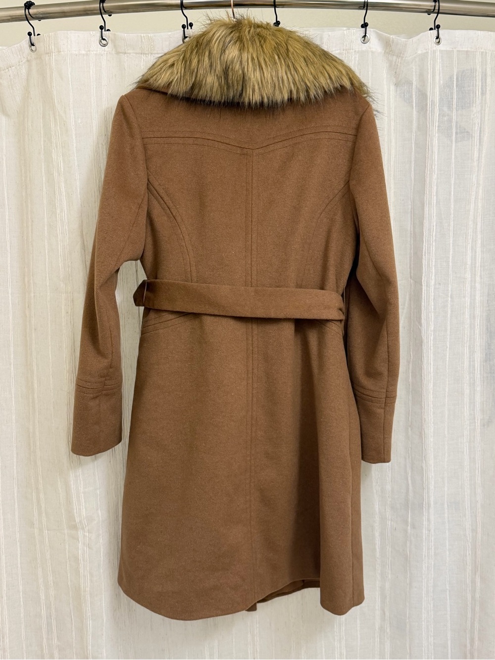 RARE!! Karl Lagerfeld Brown Wool Trench Coat with Faux Fur Collar - Picture 10 of 10